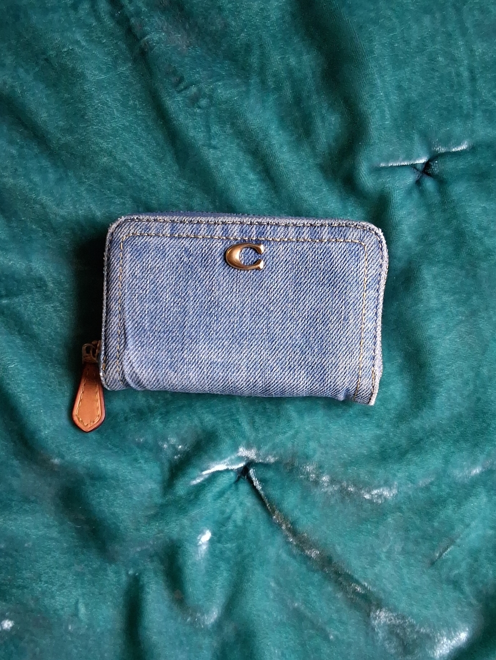 Coach Denim Zip Card Case Wallet with Leather Pull